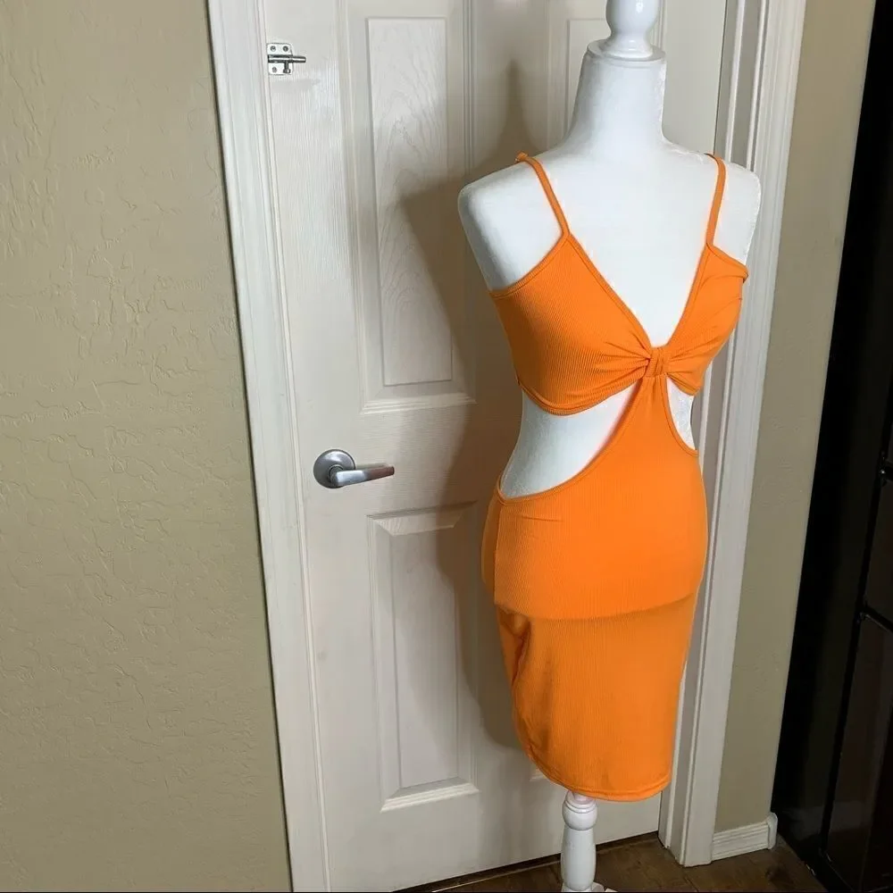 Shein Double Crazy Ruched Bust Cutout Bodycon Dress Size XS Orange